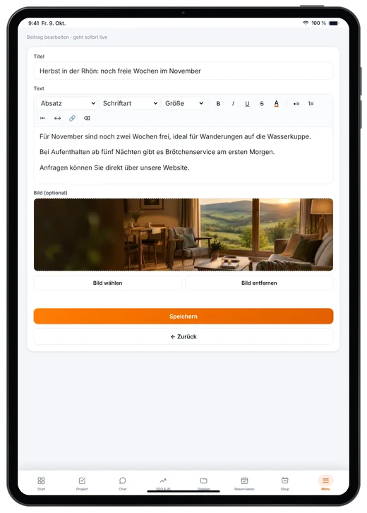 Kundenzugang von Webfire Marketing: Blog-Beitrag zu freien Herbstwochen wird bearbeitet (Beispieldaten)