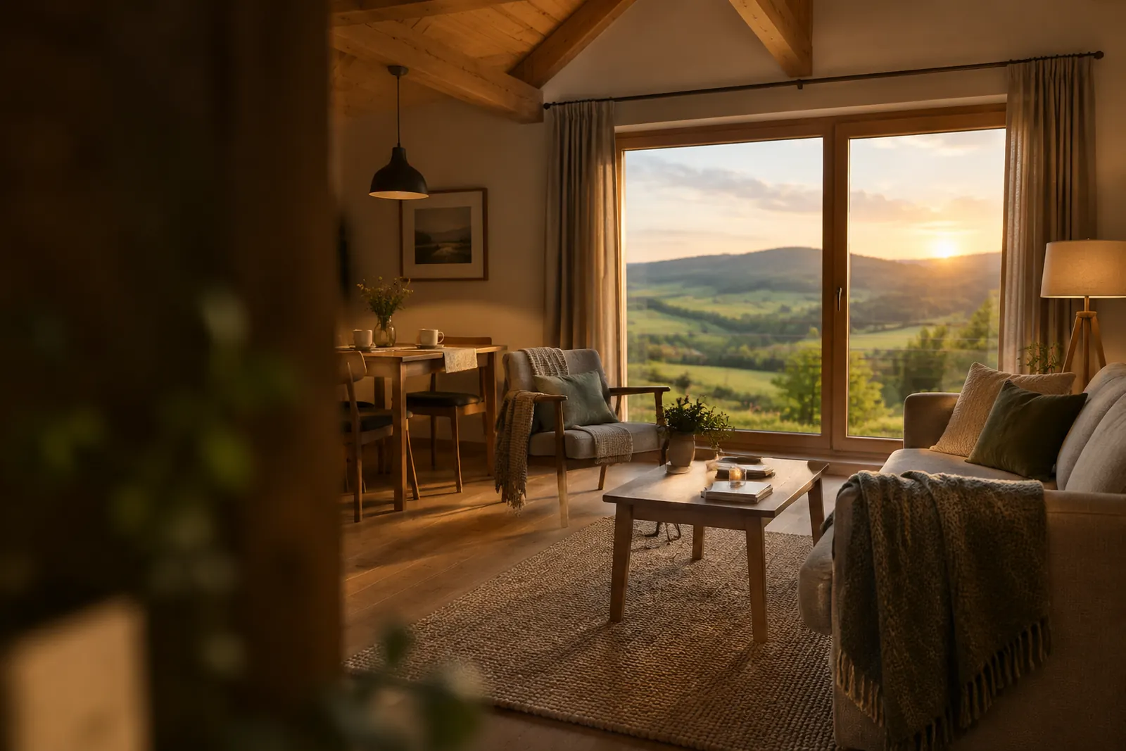 Gemütliche Ferienwohnung mit Holzbalken und Blick auf die Hügel der Rhön im Abendlicht