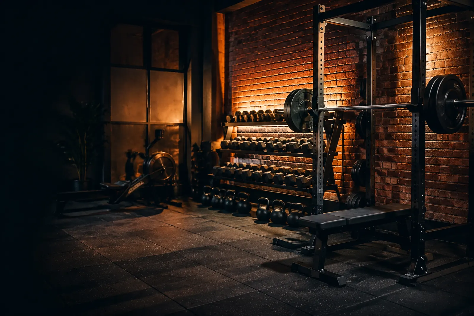 Boutique-Fitnessstudio mit Kurzhanteln, Squat-Rack und Backsteinwand im Abendlicht