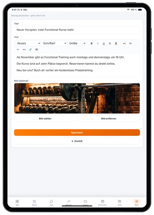 Kundenzugang von Webfire Marketing: Blog-Beitrag zum neuen Kursplan wird bearbeitet (Beispieldaten)