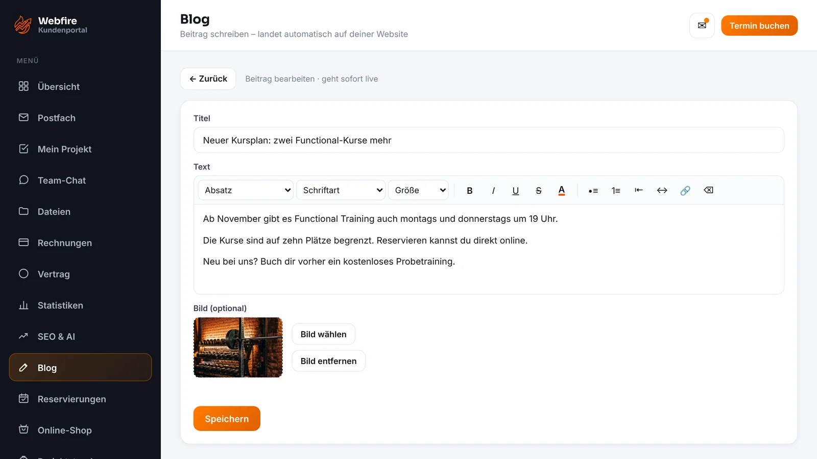 Kundenzugang von Webfire Marketing: Blog-Beitrag zum neuen Kursplan wird bearbeitet (Beispieldaten)