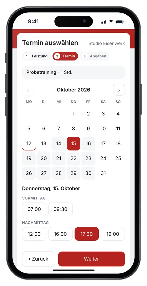 Online-Terminbuchung auf einer Fitnessstudio-Website: Probetraining am Donnerstag um 17:30 Uhr (Beispieldaten)