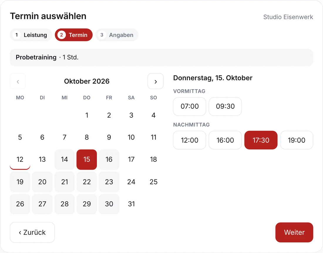 Online-Terminbuchung auf einer Fitnessstudio-Website: Probetraining am Donnerstag um 17:30 Uhr (Beispieldaten)