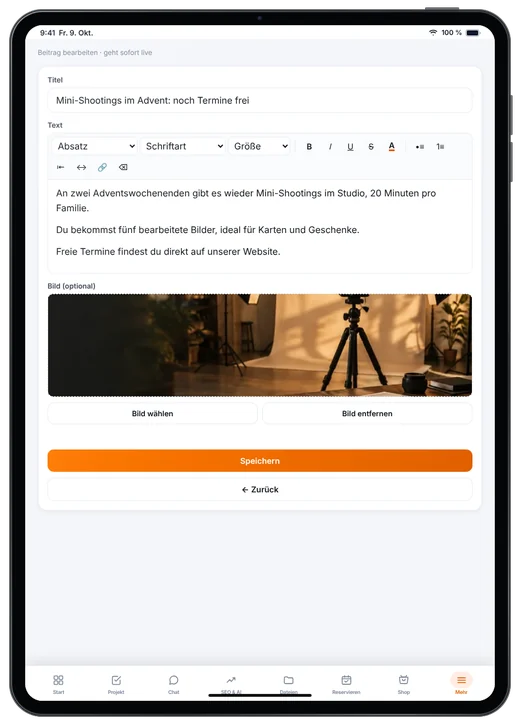 Kundenzugang von Webfire Marketing: Blog-Beitrag zu einer Herbst-Hochzeit wird bearbeitet (Beispieldaten)