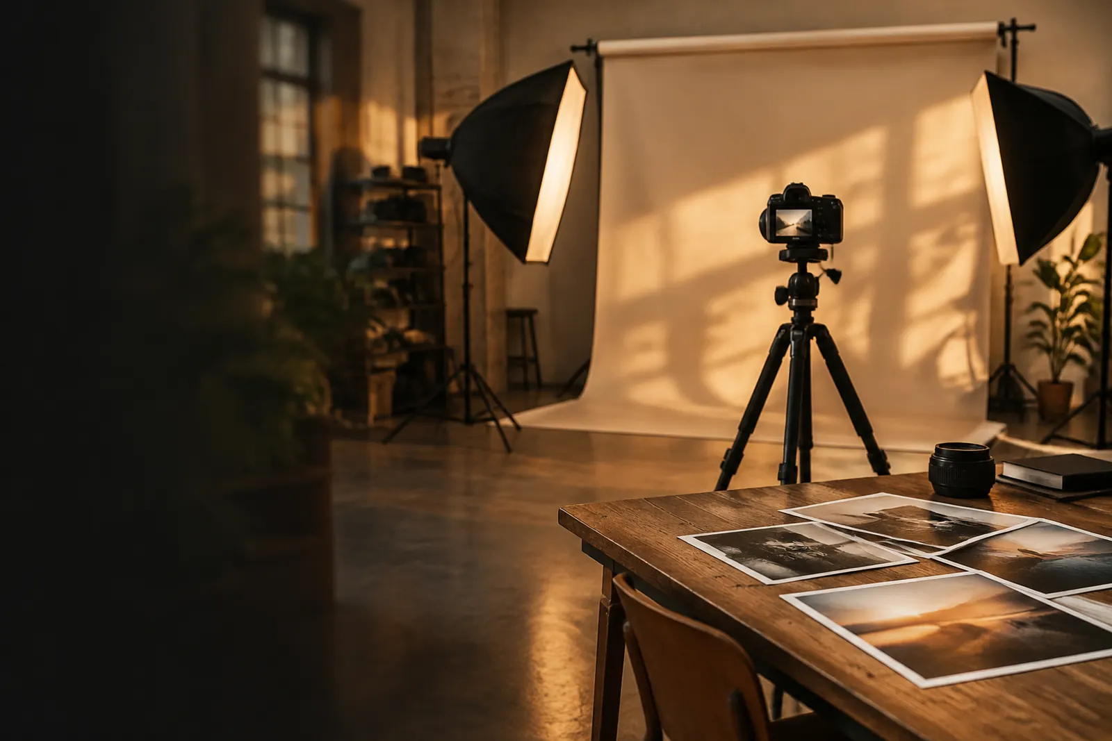 Fotostudio mit Kamera auf Stativ, Softboxen, Papierhintergrund und Abzügen auf einem Holztisch