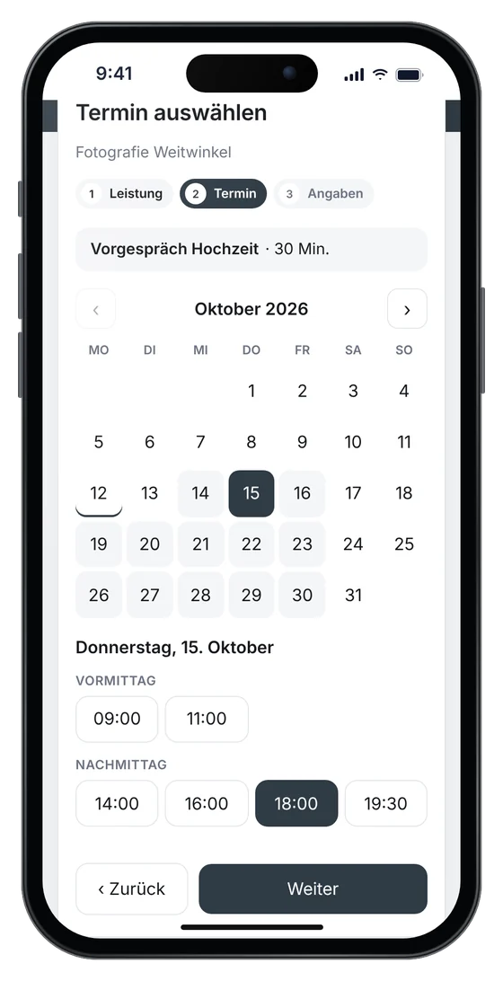 Online-Terminbuchung auf einer Fotografen-Website: Vorgespräch Hochzeit am Donnerstag um 18 Uhr (Beispieldaten)
