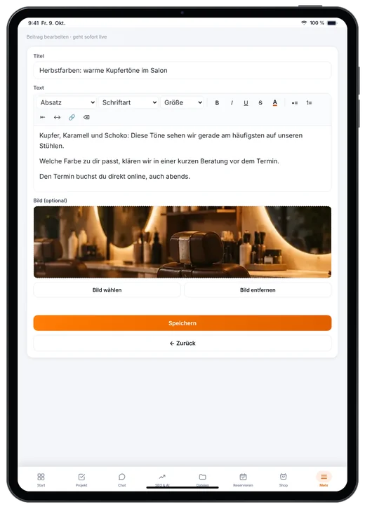 Kundenzugang von Webfire Marketing: Blog-Beitrag über Herbstfarben wird bearbeitet (Beispieldaten)