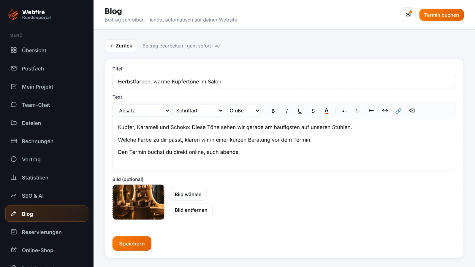 Kundenzugang von Webfire Marketing: Blog-Beitrag über Herbstfarben wird bearbeitet (Beispieldaten)