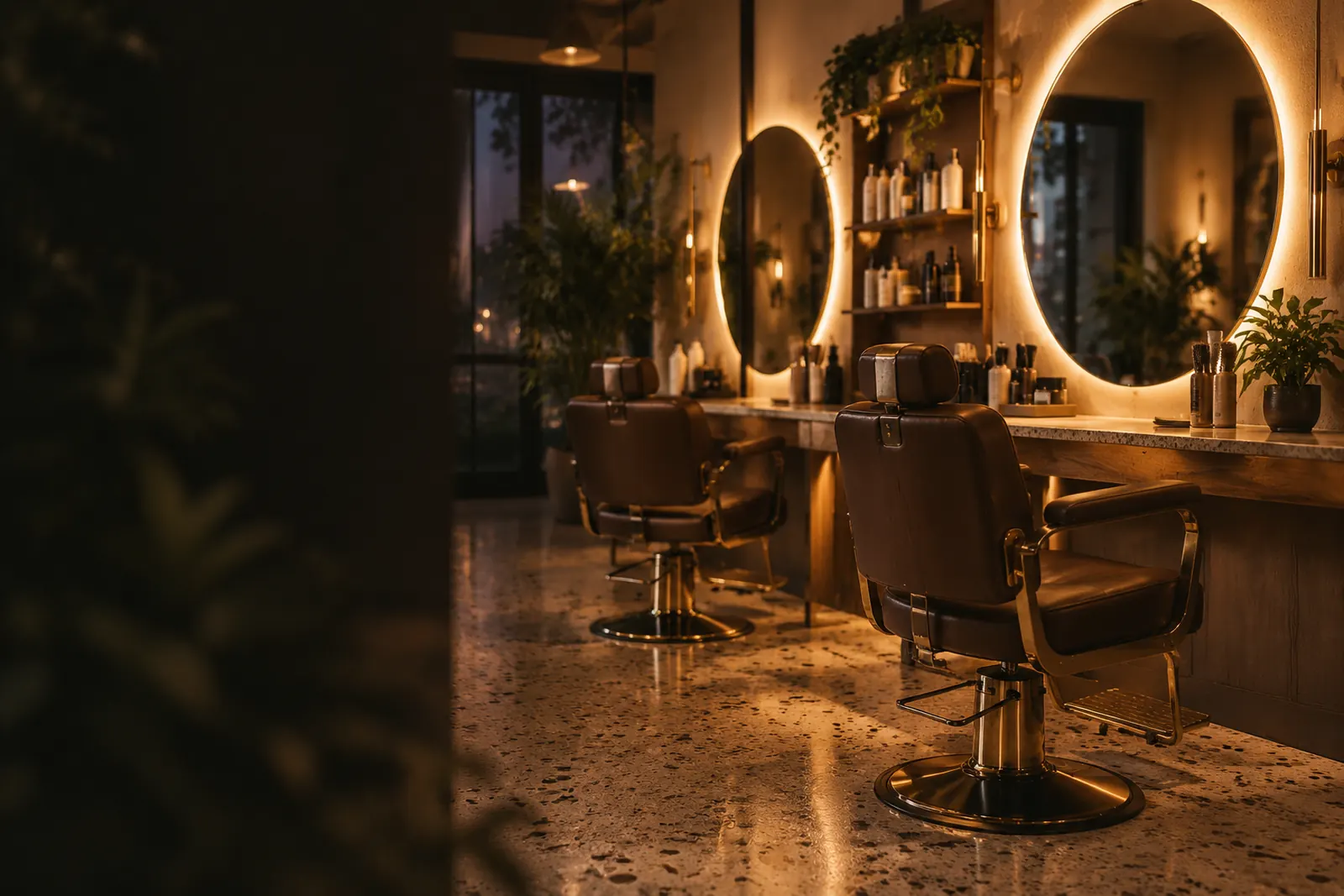 Stilvoller Friseursalon mit Lederstühlen und runden, beleuchteten Spiegeln