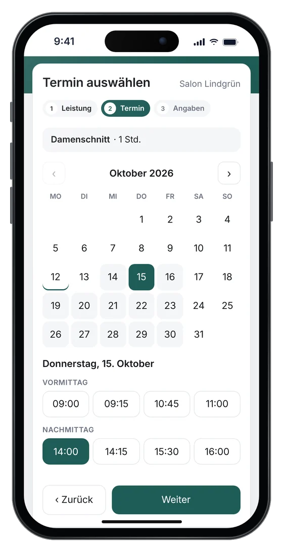Online-Terminbuchung auf einer Friseur-Website: Damenschnitt am Donnerstag um 14 Uhr (Beispieldaten)