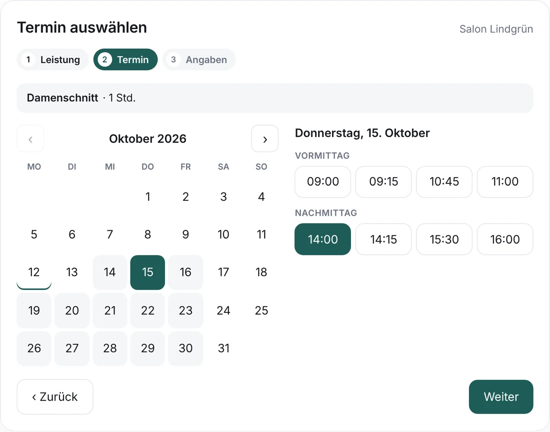 Online-Terminbuchung auf einer Friseur-Website: Damenschnitt am Donnerstag um 14 Uhr (Beispieldaten)
