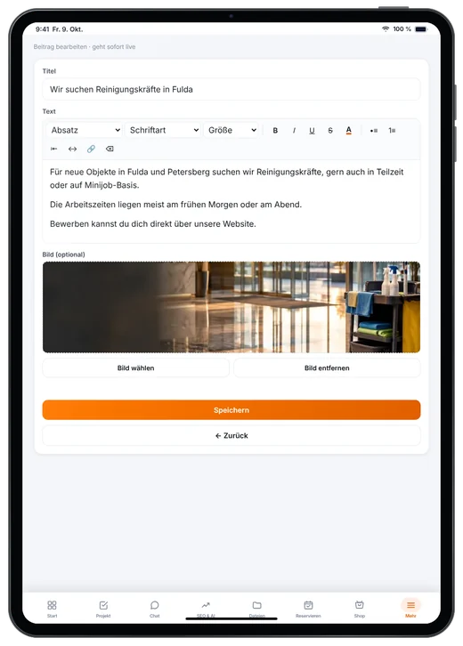 Kundenzugang von Webfire Marketing: Blog-Beitrag zu offenen Stellen wird bearbeitet (Beispieldaten)