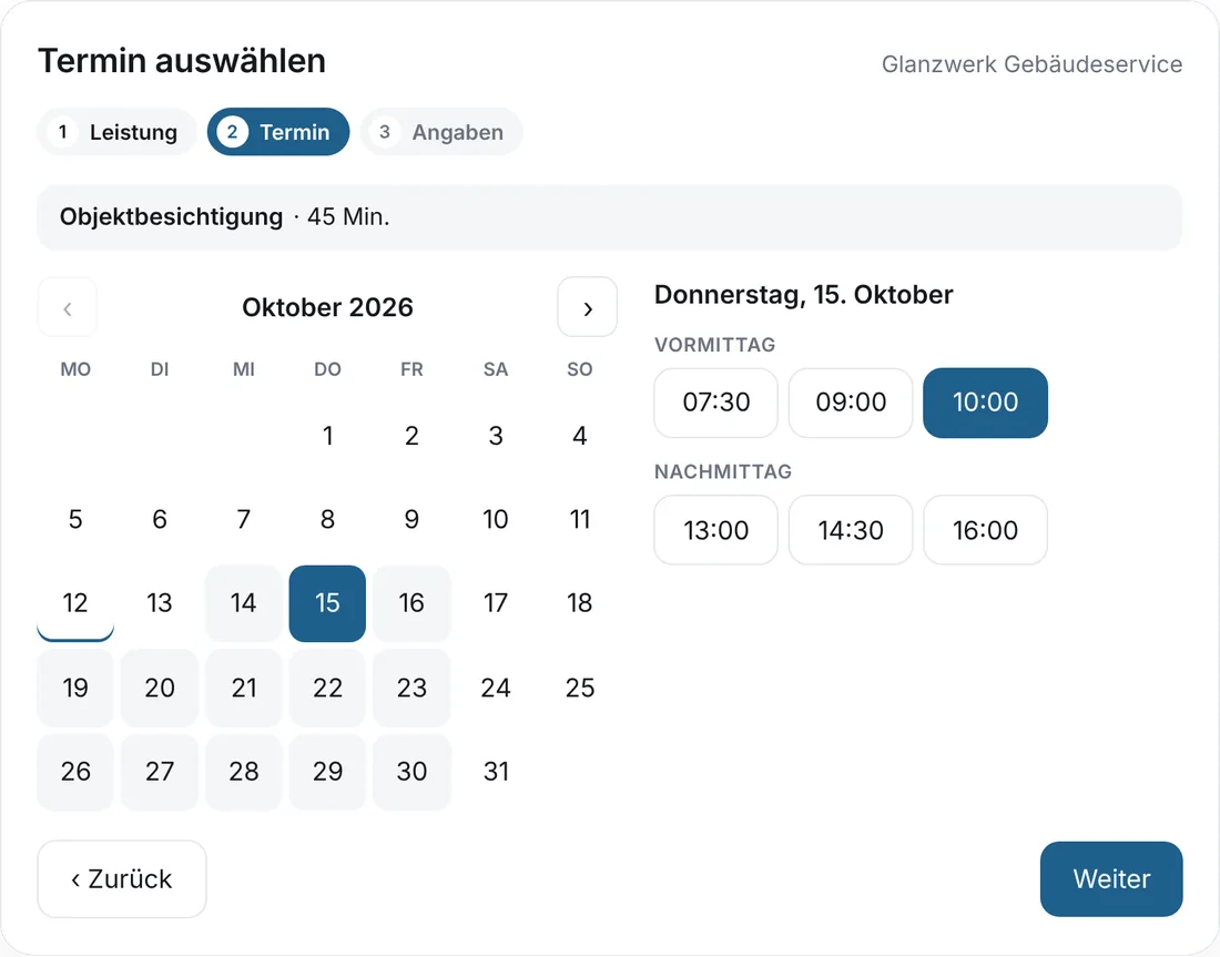 Online-Terminbuchung auf einer Reinigungs-Website: Objektbesichtigung am Donnerstag um 10 Uhr (Beispieldaten)