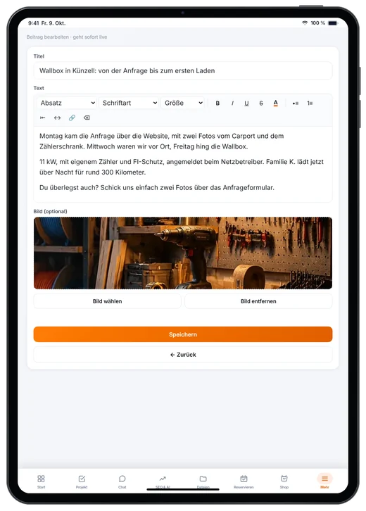 Blog-Beitrag über eine Wallbox in Künzell im Kundenzugang bearbeiten (Beispieldaten)