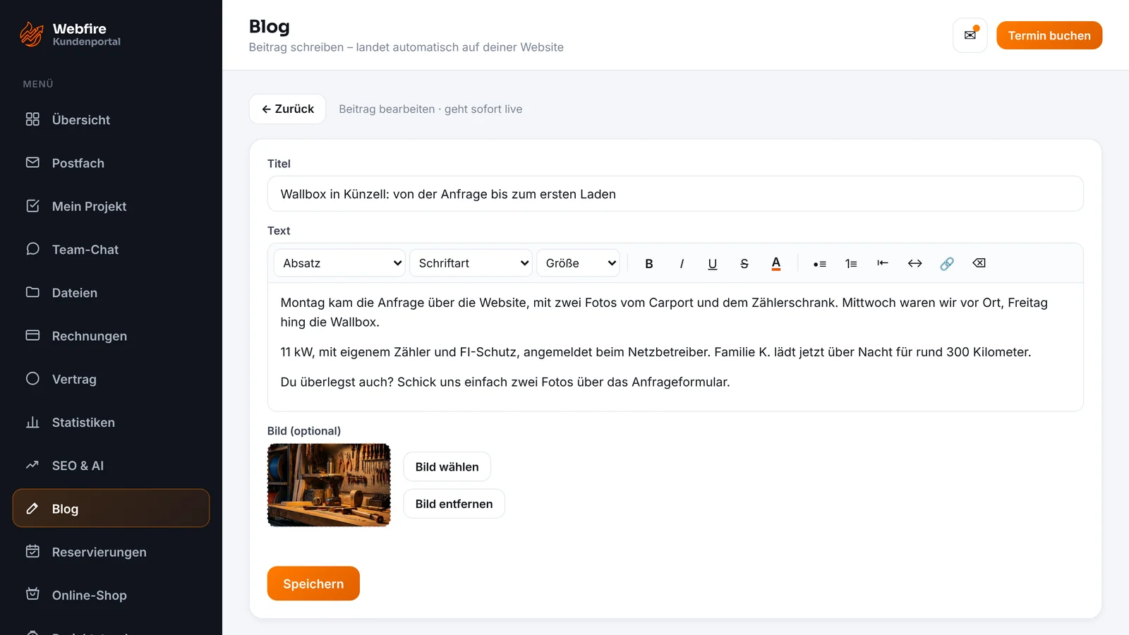Kundenzugang von Webfire Marketing: Blog-Beitrag über eine Wallbox-Installation in Künzell wird bearbeitet (Beispieldaten)