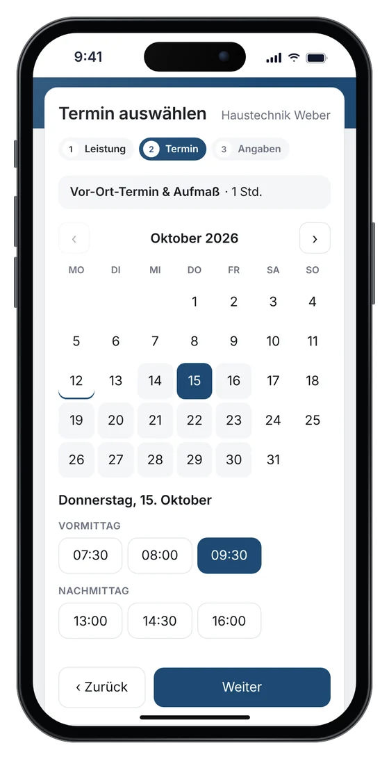 Online-Terminbuchung auf einer Handwerker-Website: Vor-Ort-Termin und Aufmaß am 15. Oktober (Beispieldaten)