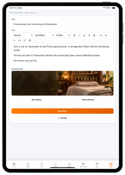 Kundenzugang von Webfire Marketing: Blog-Beitrag zu Praxis-Urlaubszeiten wird bearbeitet (Beispieldaten)