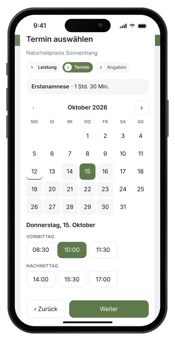 Online-Terminbuchung auf einer Heilpraktiker-Website: Erstanamnese am Donnerstag um 10 Uhr (Beispieldaten)
