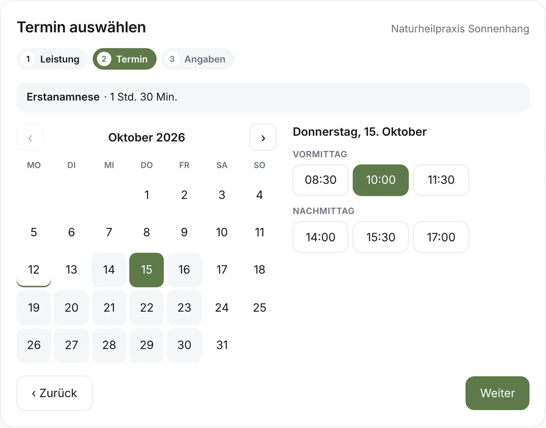 Online-Terminbuchung auf einer Heilpraktiker-Website: Erstanamnese am Donnerstag um 10 Uhr (Beispieldaten)