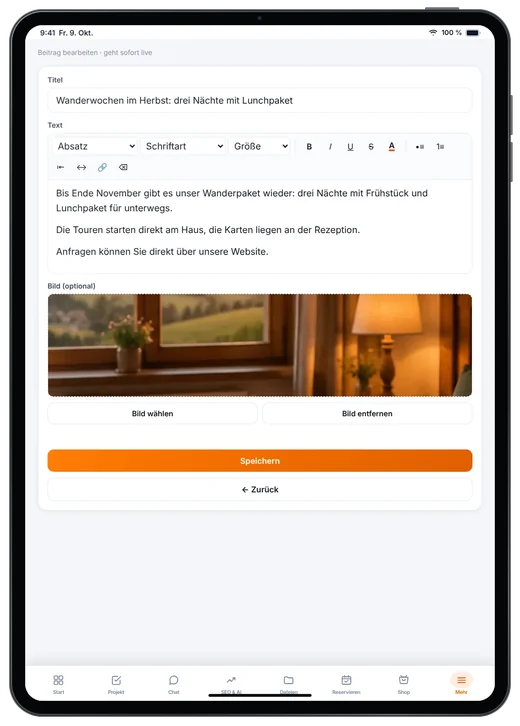Kundenzugang von Webfire Marketing: Blog-Beitrag zu Wanderwochen im Herbst wird bearbeitet (Beispieldaten)