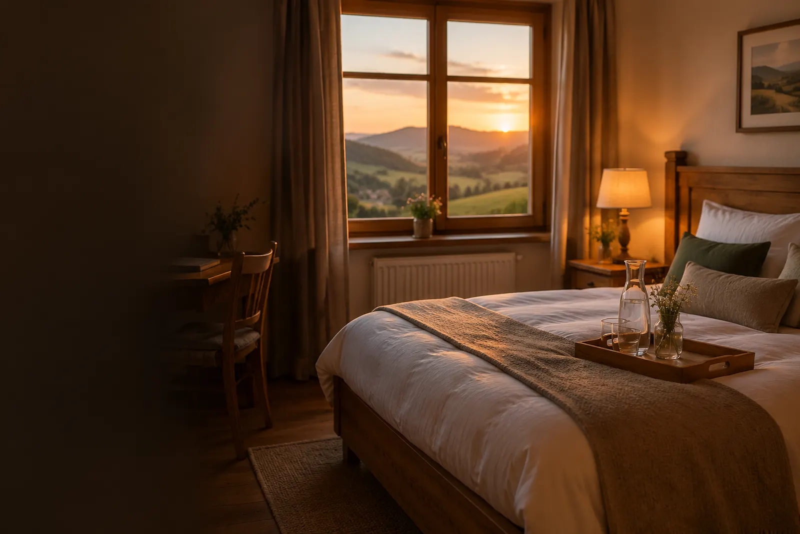 Gemütliches Hotelzimmer mit Blick auf die Hügel der Rhön im Abendlicht