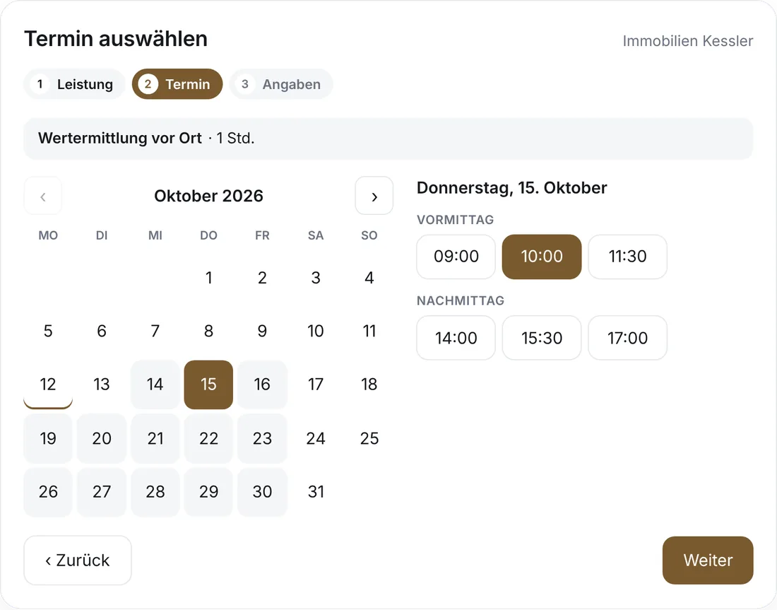 Online-Terminbuchung auf einer Makler-Website: Wertermittlung vor Ort am Donnerstag um 10 Uhr (Beispieldaten)