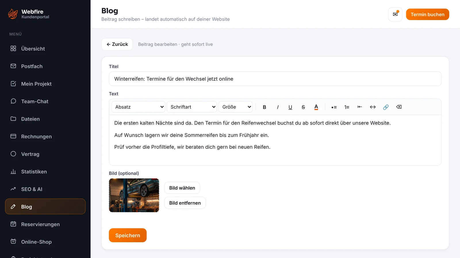 Kundenzugang von Webfire Marketing: Blog-Beitrag zum Winterreifen-Wechsel wird bearbeitet (Beispieldaten)