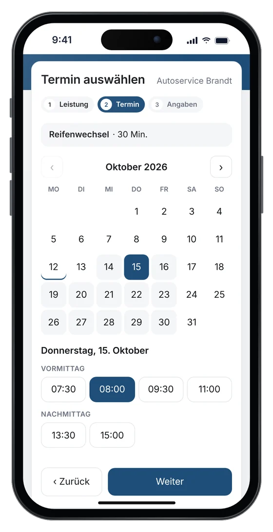 Online-Terminbuchung auf einer Werkstatt-Website: Reifenwechsel am Donnerstag um 8 Uhr (Beispieldaten)