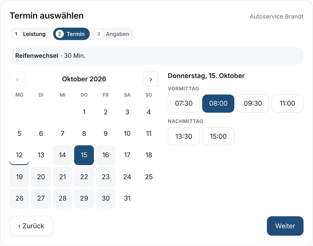 Online-Terminbuchung auf einer Werkstatt-Website: Reifenwechsel am Donnerstag um 8 Uhr (Beispieldaten)