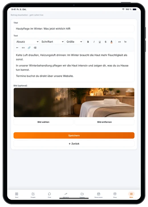 Kundenzugang von Webfire Marketing: Blog-Beitrag über Hautpflege im Winter wird bearbeitet (Beispieldaten)