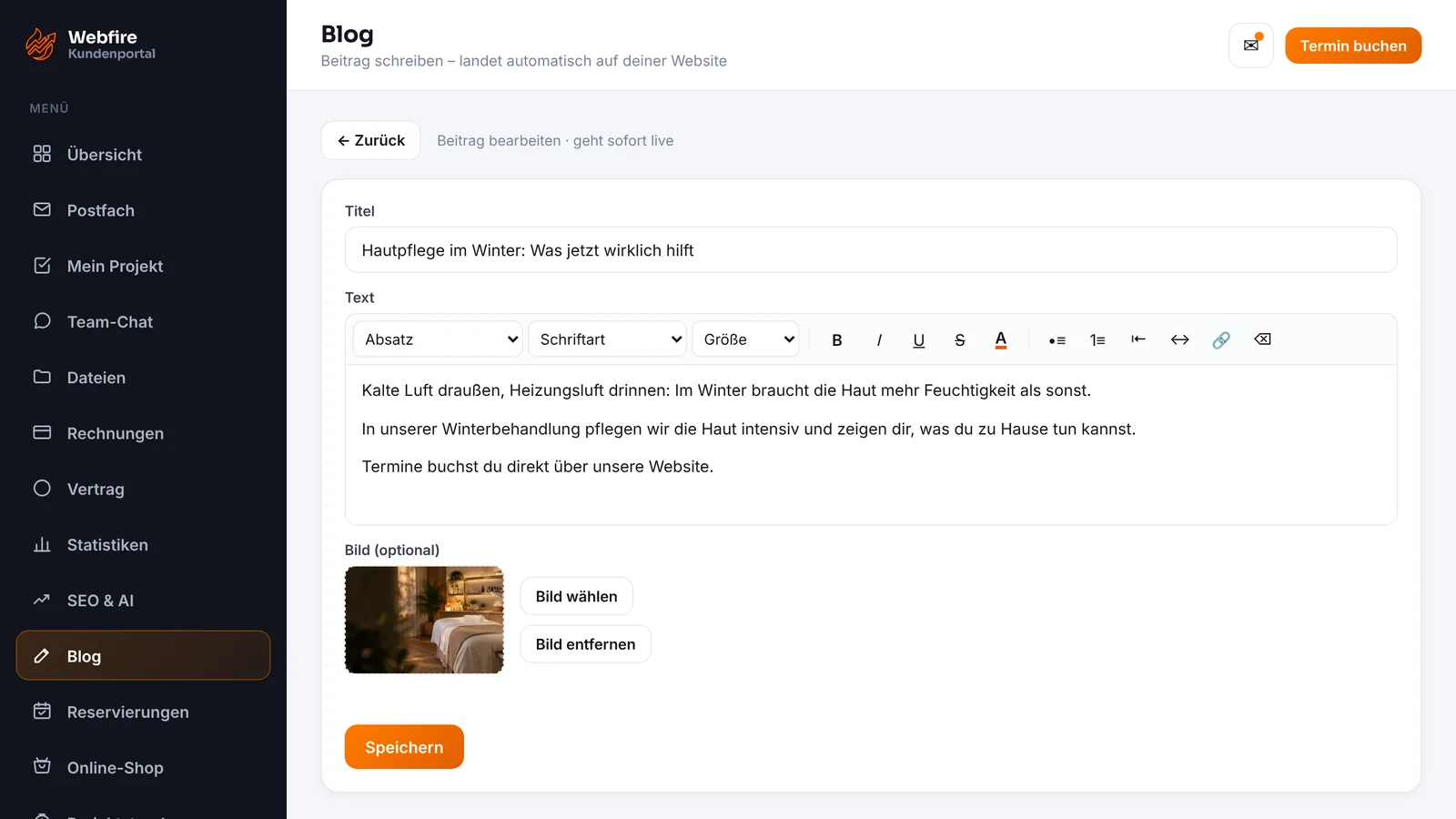 Kundenzugang von Webfire Marketing: Blog-Beitrag über Hautpflege im Winter wird bearbeitet (Beispieldaten)
