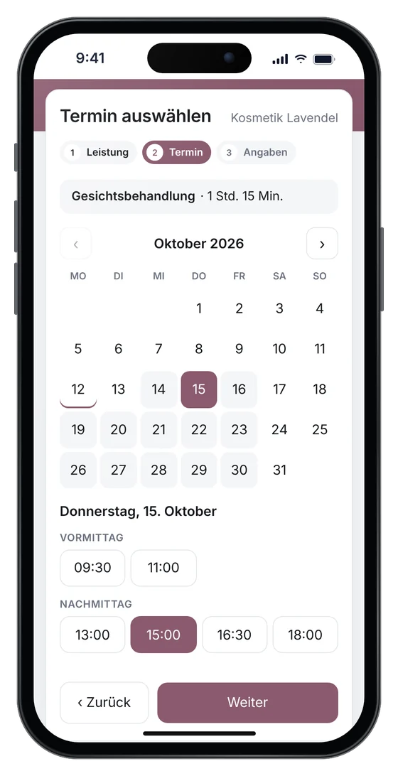 Online-Terminbuchung auf einer Kosmetikstudio-Website: Gesichtsbehandlung am Donnerstag um 15 Uhr (Beispieldaten)