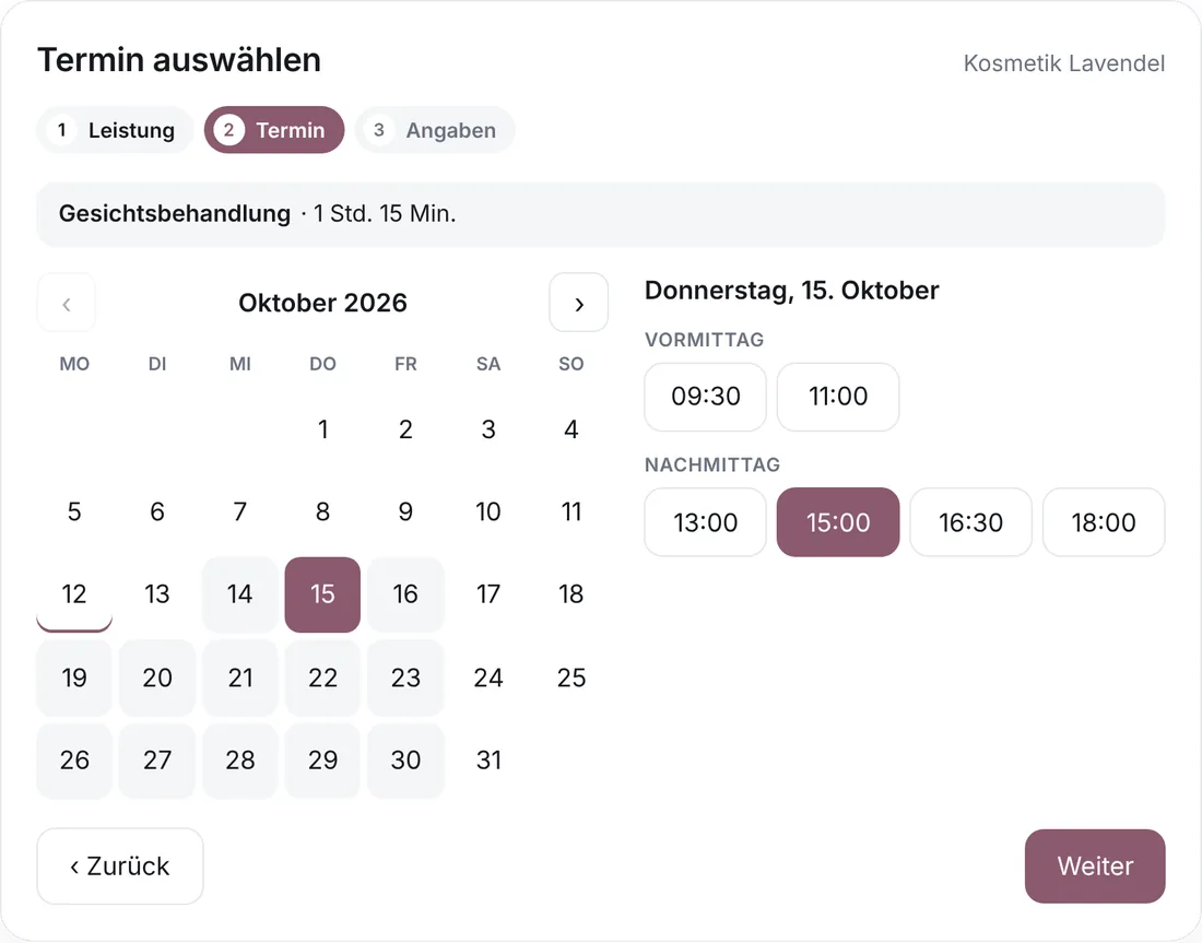 Online-Terminbuchung auf einer Kosmetikstudio-Website: Gesichtsbehandlung am Donnerstag um 15 Uhr (Beispieldaten)