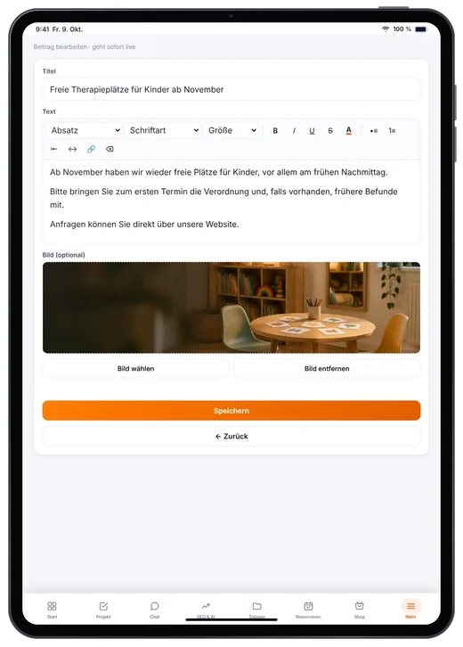 Kundenzugang von Webfire Marketing: Blog-Beitrag zu freien Therapieplätzen wird bearbeitet (Beispieldaten)