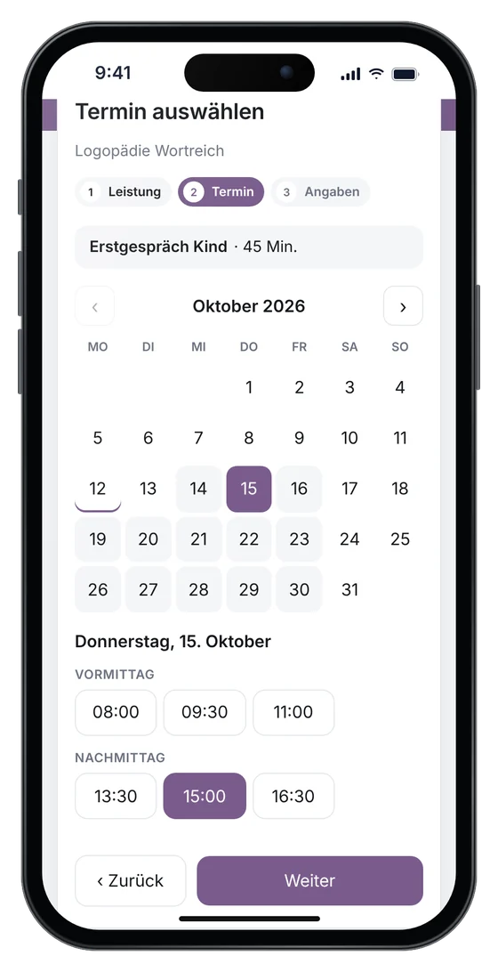 Online-Terminbuchung auf einer Logopädie-Website: Erstgespräch Kind am Donnerstag um 15 Uhr (Beispieldaten)