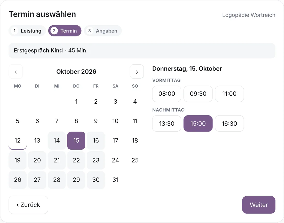 Online-Terminbuchung auf einer Logopädie-Website: Erstgespräch Kind am Donnerstag um 15 Uhr (Beispieldaten)