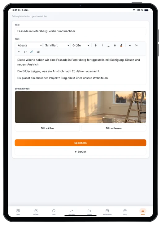 Kundenzugang von Webfire Marketing: Blog-Beitrag zu einer Fassadensanierung wird bearbeitet (Beispieldaten)