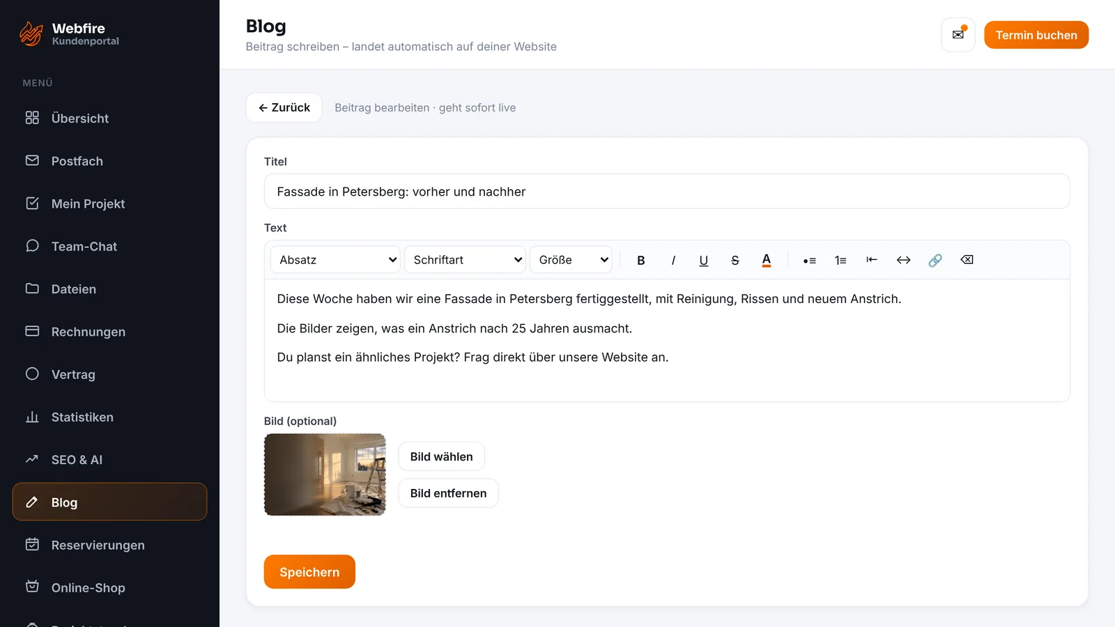 Kundenzugang von Webfire Marketing: Blog-Beitrag zu einer Fassadensanierung wird bearbeitet (Beispieldaten)
