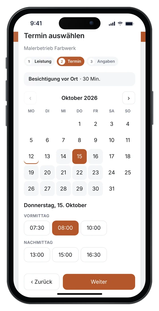 Online-Terminbuchung auf einer Maler-Website: Besichtigung vor Ort am Donnerstag um 8 Uhr (Beispieldaten)