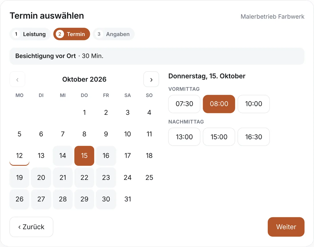 Online-Terminbuchung auf einer Maler-Website: Besichtigung vor Ort am Donnerstag um 8 Uhr (Beispieldaten)