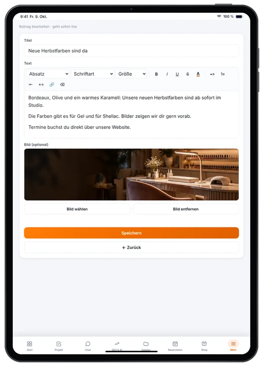 Kundenzugang von Webfire Marketing: Blog-Beitrag zu neuen Herbstfarben wird bearbeitet (Beispieldaten)