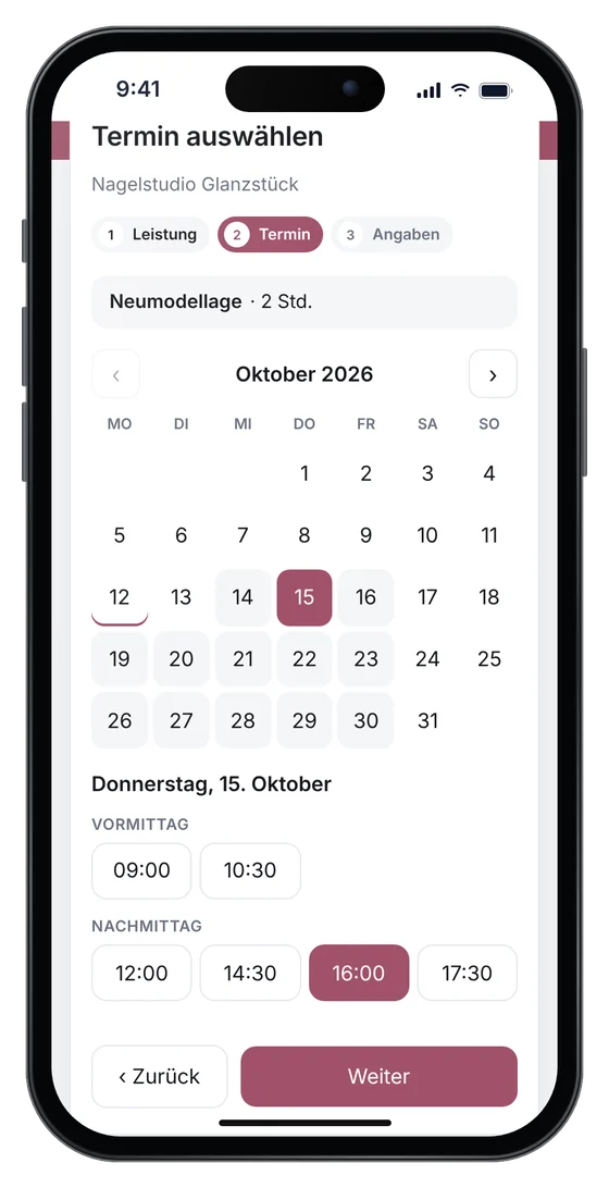 Online-Terminbuchung auf einer Nagelstudio-Website: Auffüllen am Donnerstag um 16 Uhr (Beispieldaten)