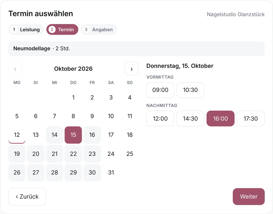 Online-Terminbuchung auf einer Nagelstudio-Website: Auffüllen am Donnerstag um 16 Uhr (Beispieldaten)