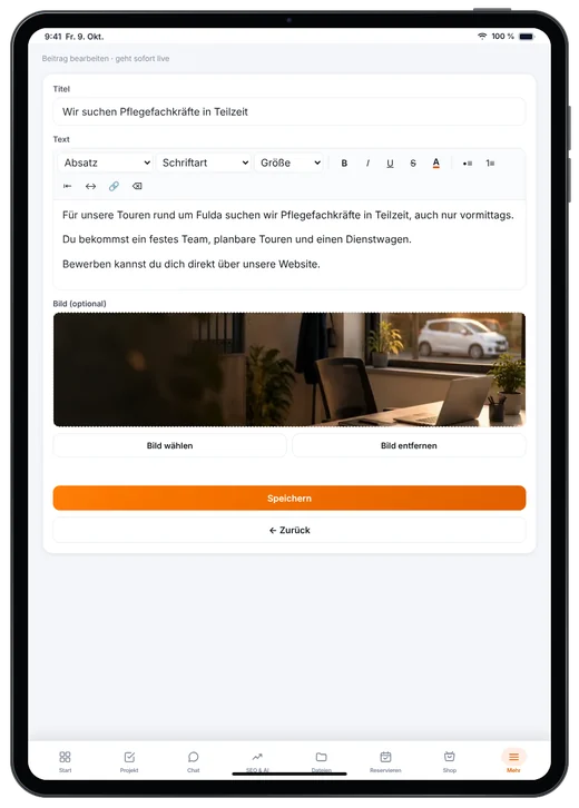 Kundenzugang von Webfire Marketing: Blog-Beitrag zu offenen Stellen wird bearbeitet (Beispieldaten)