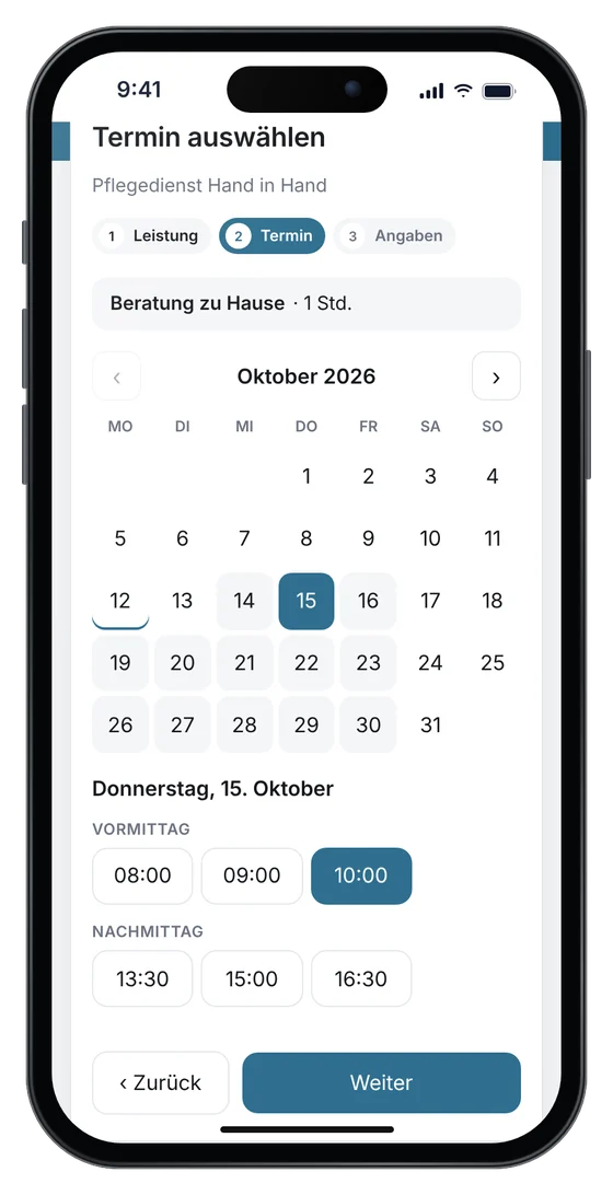 Online-Terminbuchung auf einer Pflegedienst-Website: Beratungsgespräch zu Hause am Donnerstag um 10 Uhr (Beispieldaten)