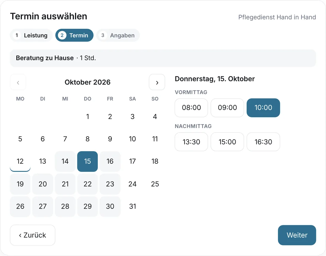 Online-Terminbuchung auf einer Pflegedienst-Website: Beratungsgespräch zu Hause am Donnerstag um 10 Uhr (Beispieldaten)