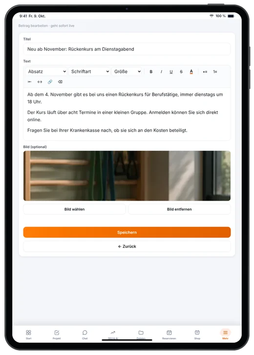 Kundenzugang von Webfire Marketing: Blog-Beitrag zu einem neuen Rückenkurs wird bearbeitet (Beispieldaten)