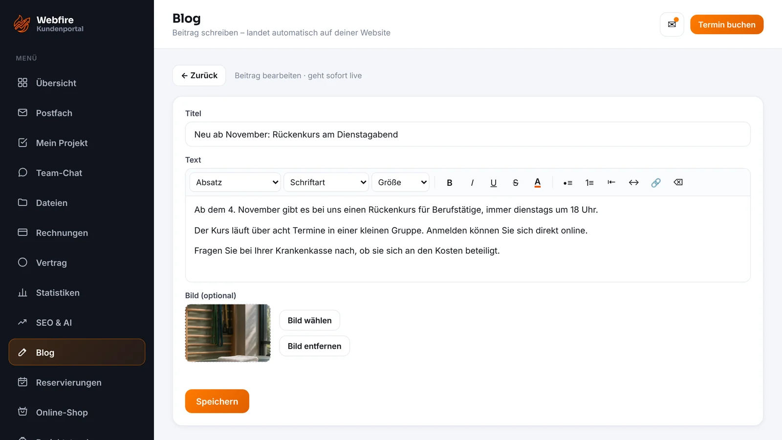 Kundenzugang von Webfire Marketing: Blog-Beitrag zu einem neuen Rückenkurs wird bearbeitet (Beispieldaten)