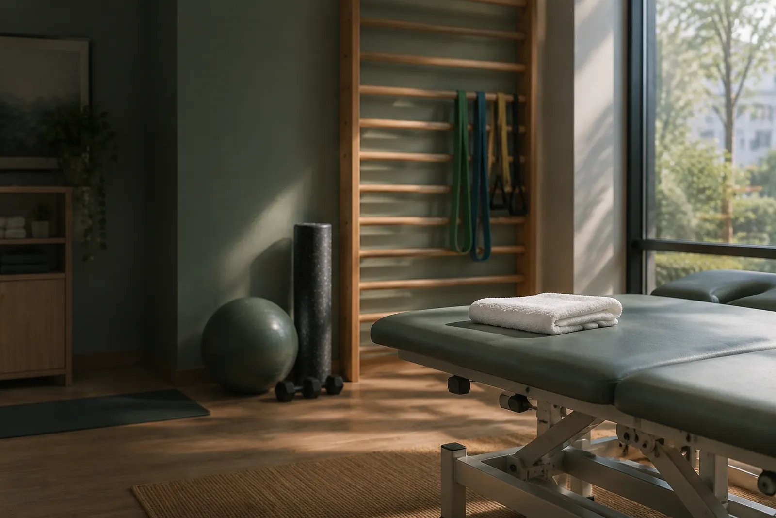 Ruhiger Behandlungsraum einer Physiotherapie-Praxis mit Liege und Sprossenwand
