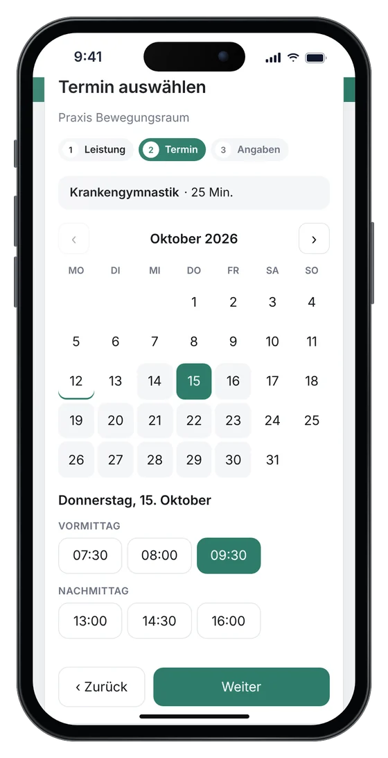 Online-Terminbuchung auf einer Physiotherapie-Website: Krankengymnastik am Donnerstag um 9:30 Uhr (Beispieldaten)